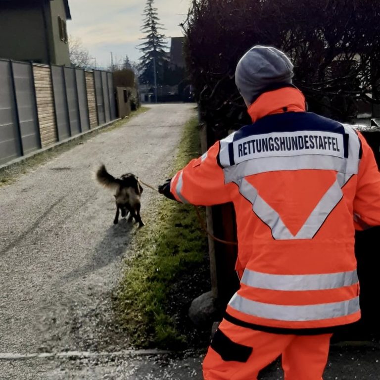 Ein Mensch in orangefarbener Warnkleidung mit seinem Hund auf einem Gehweg.